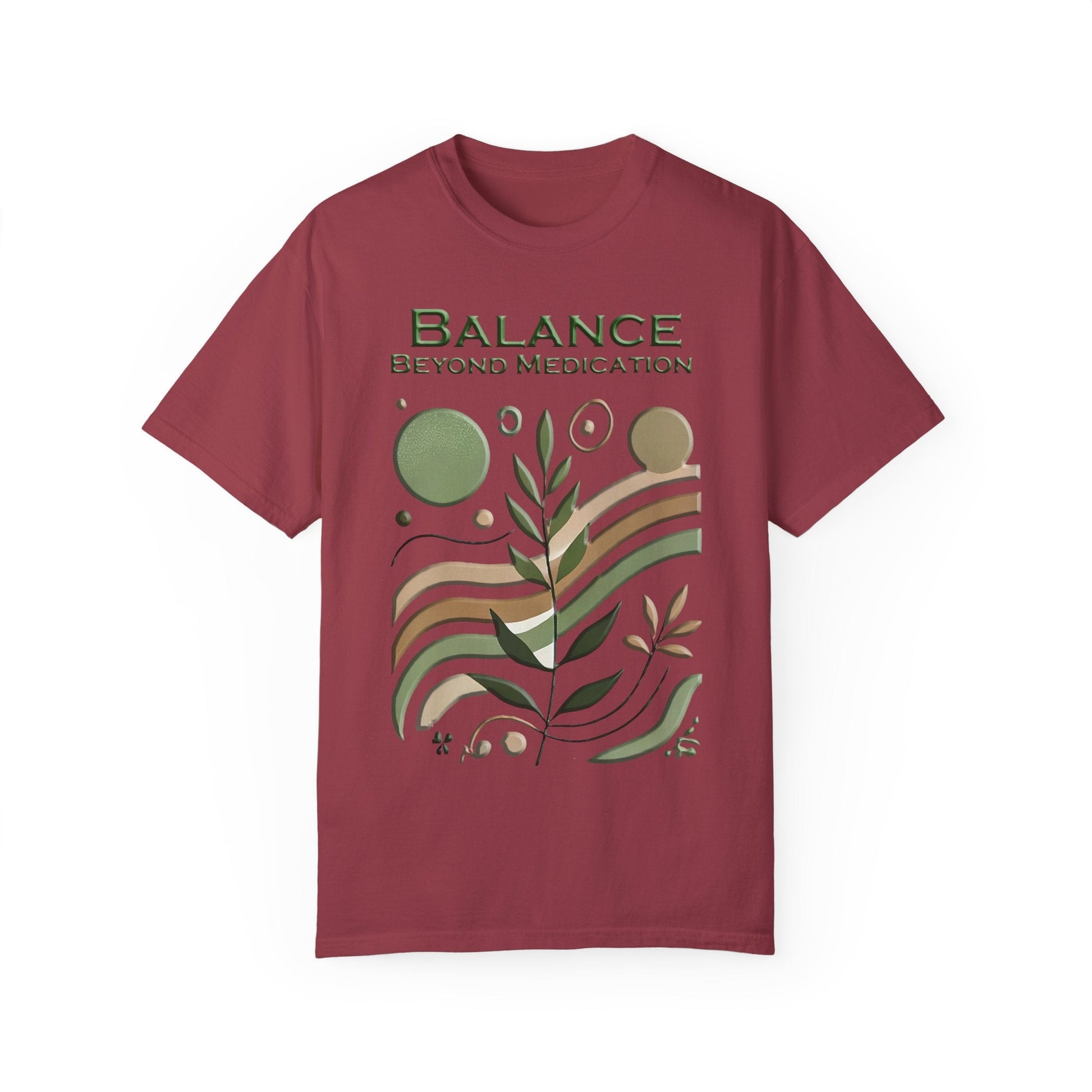 Unisex Garment-Dyed T-Shirt with "Balance Beyond Medication" design, nature-inspired graphic.