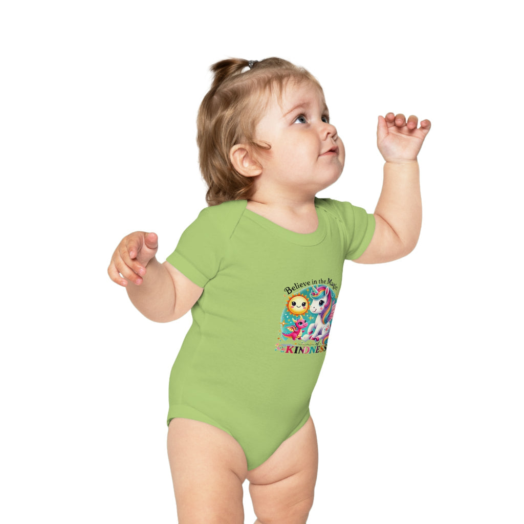 Combed Cotton Baby Bodysuit in green with "Believe in the Magic of Kindness" design, worn by a baby.