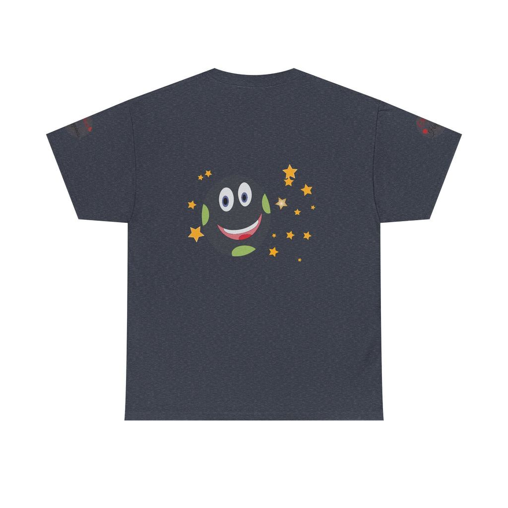 Unisex Heavy Cotton T-shirt with smiling face and stars design on the back.