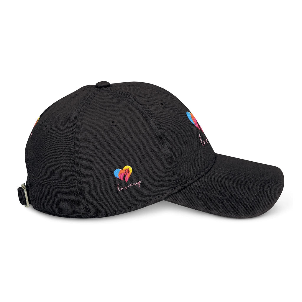 Embroidered Love Up Denim Hat with colorful heart design, low-profile fit.