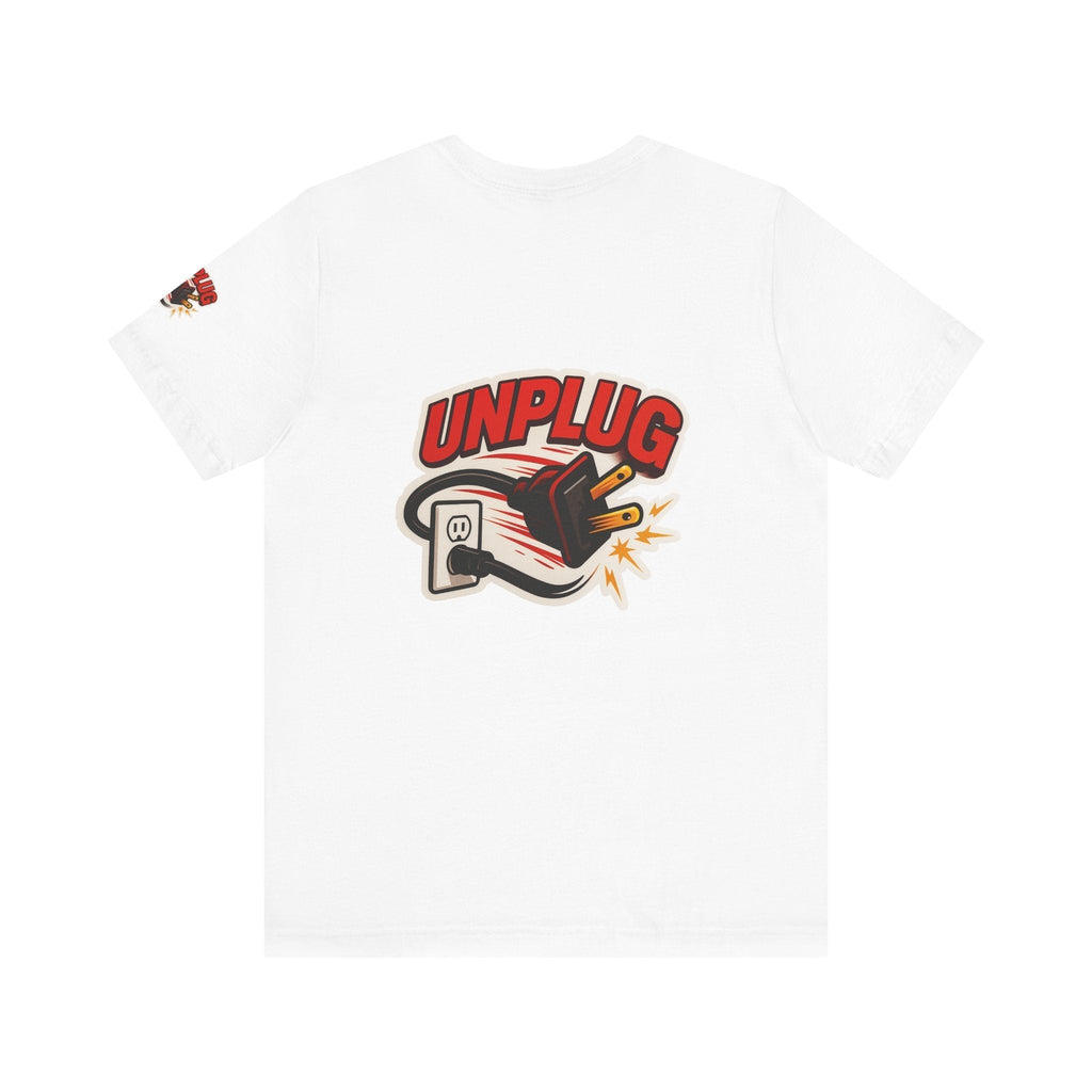 White Unisex Jersey Short Sleeve T-Shirt with colorful "UNPLUG" graphic and unplugged power cord design on back, casual and comfortable Unplugged Vibes Tee