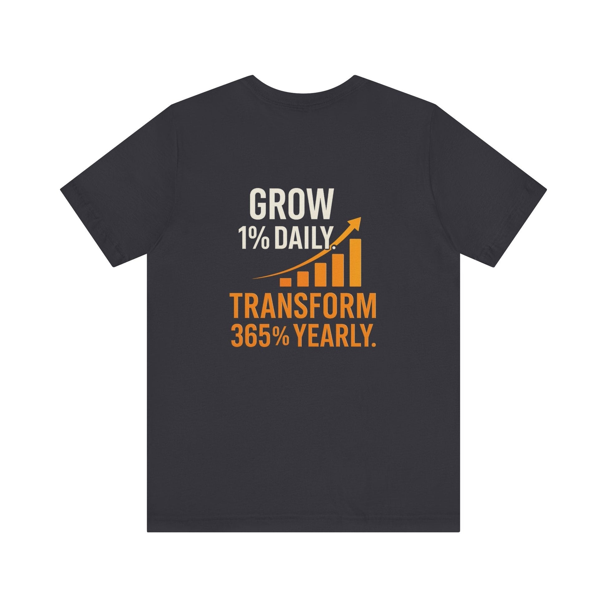 Black unisex motivational growth t-shirt with "Grow 1% Daily, Transform 365% Yearly" graphic and upward arrow design.