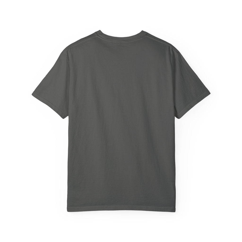 Unisex Garment-Dyed T-Shirt in dark grey, versatile, stylish, pre-shrunk cotton, sizes S to 4XL.