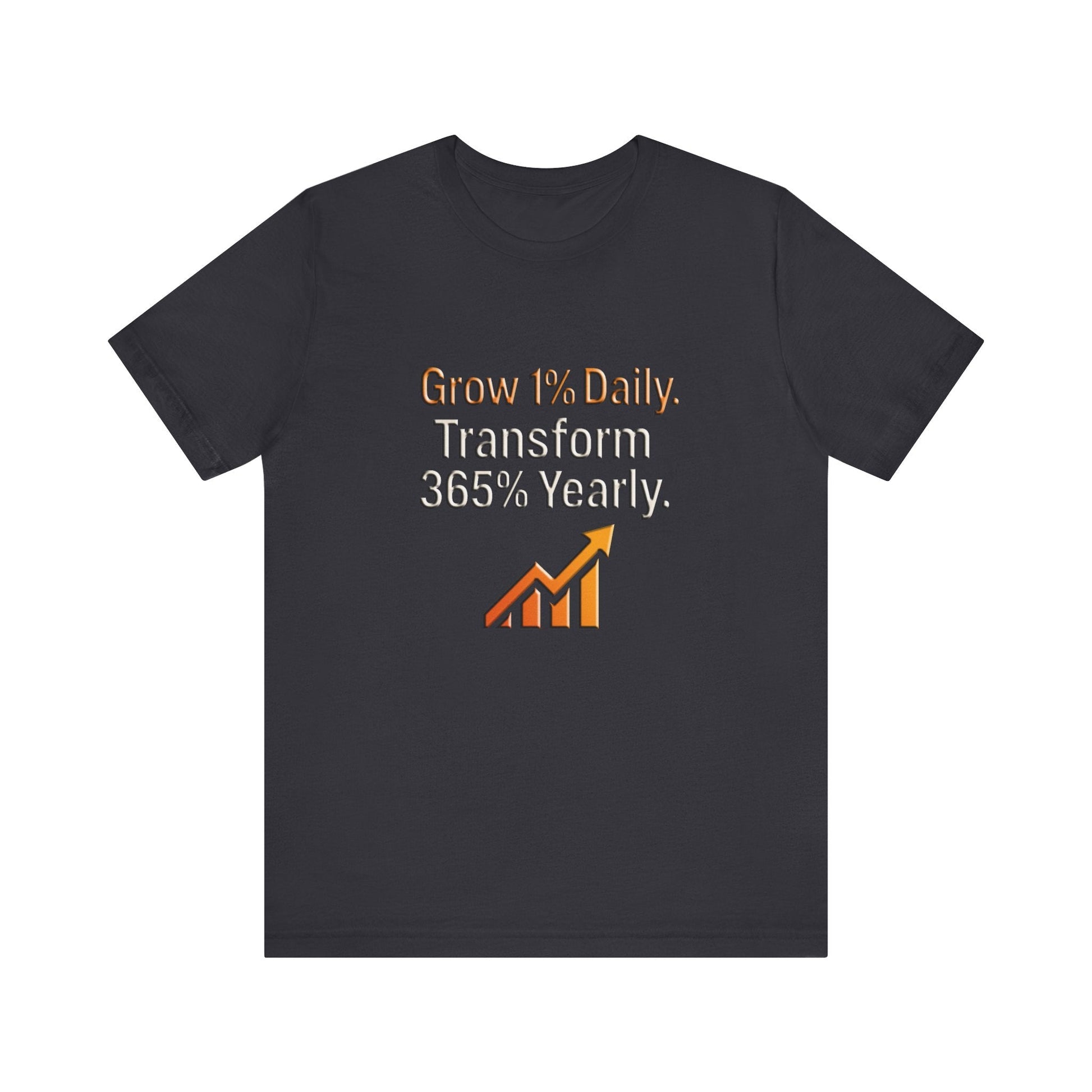Black unisex motivational growth t-shirt with "Grow 1% Daily, Transform 365% Yearly" text and upward graph design