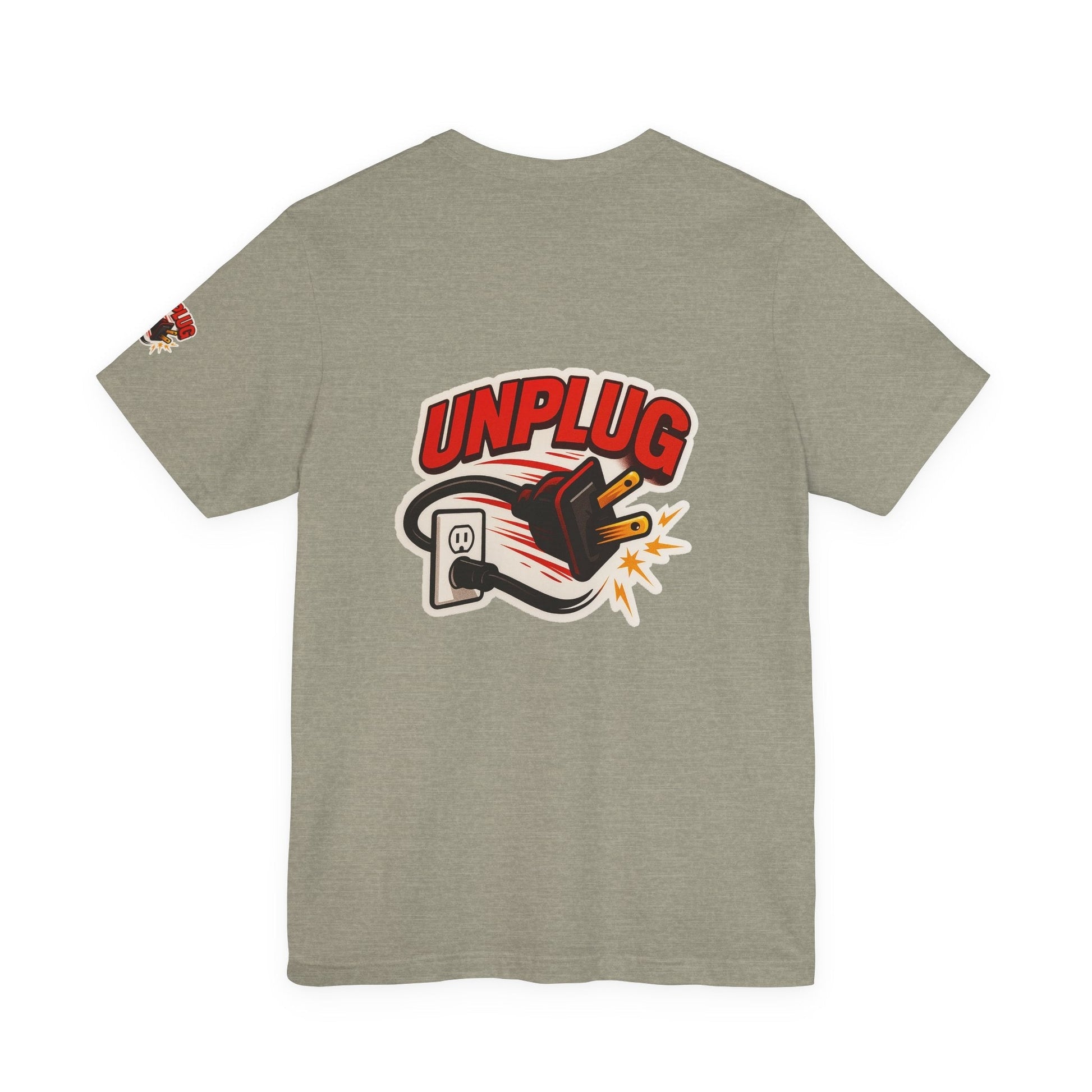 Unisex gray short sleeve T-shirt with bold red "UNPLUG" graphic featuring an unplugged power cord illustration on the back, casual and comfortable energy saver shirt.