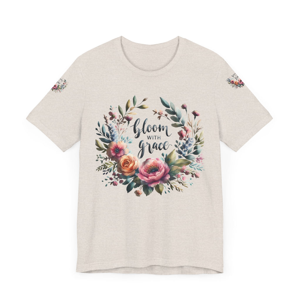 Floral Inspirational T-shirt with vibrant bloom design, perfect for spring fashion and motivational wear.