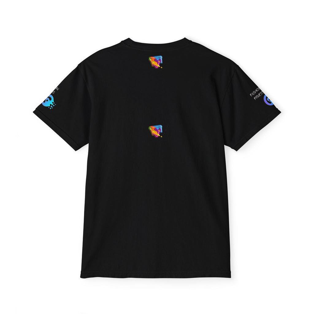 Unisex garment-dyed pocket t-shirt in black with vibrant eco-friendly graphics on the back.
