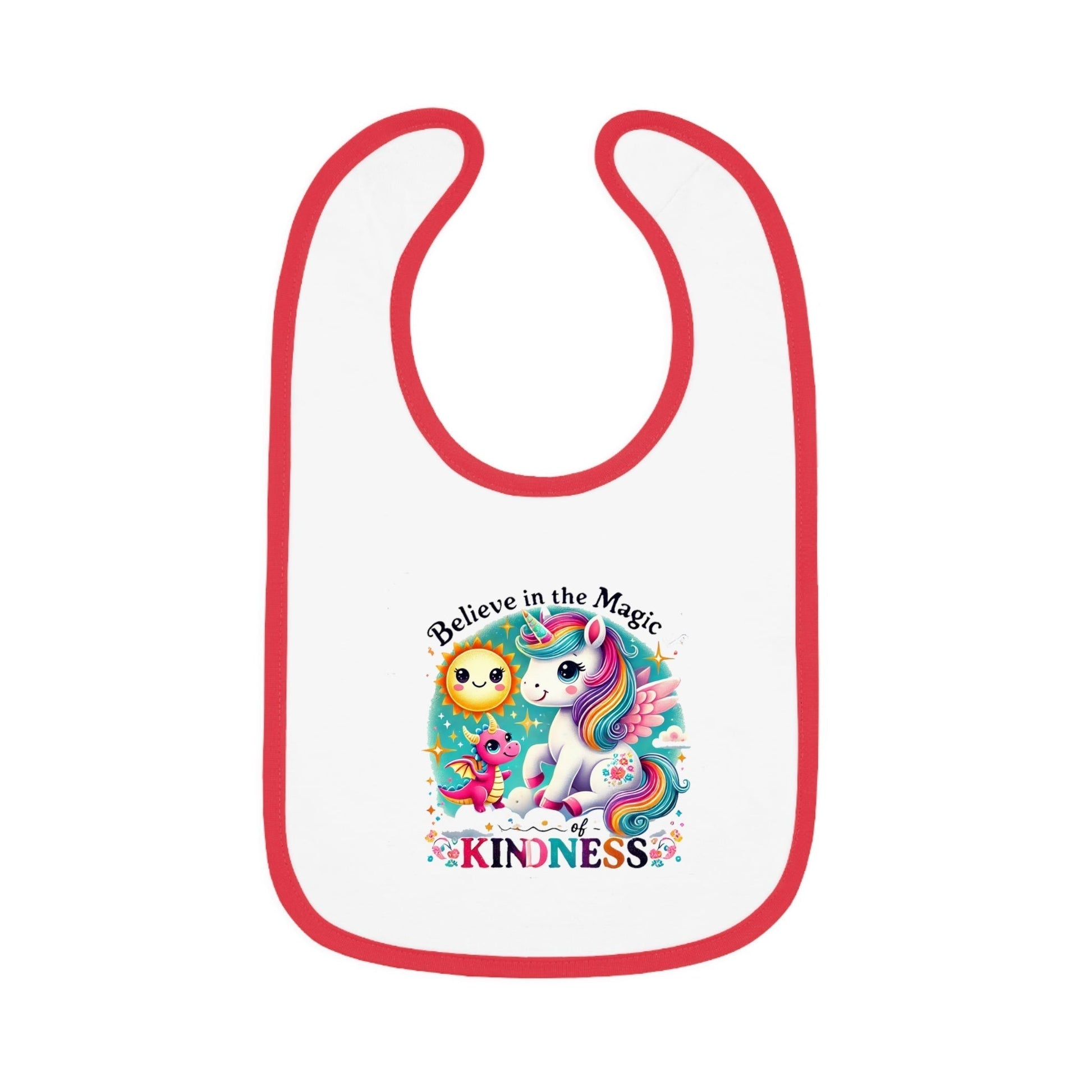 Baby Contrast Trim Jersey Bib with unicorn design and "Believe in the Magic Of Kindness" text, featuring red trim and Velcro closure.