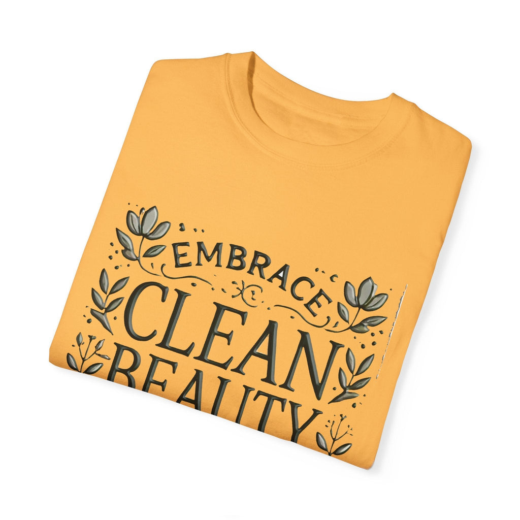 Clean Beauty Unisex T-Shirt in yellow with "Embrace Clean Beauty" text and floral design.