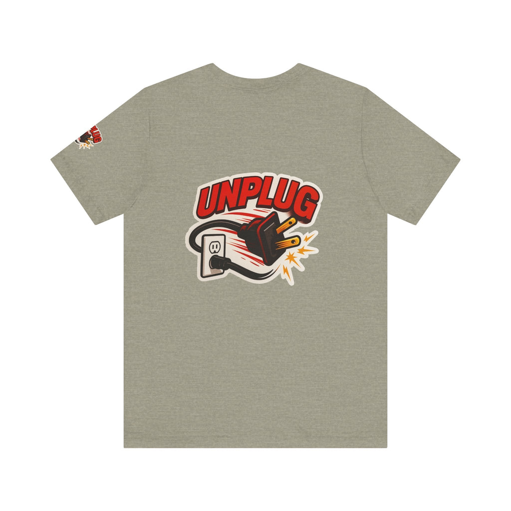 Unplugged Vibes t-shirt with graphic of unplugged electrical plug and bold red text on light gray unisex casual t-shirt