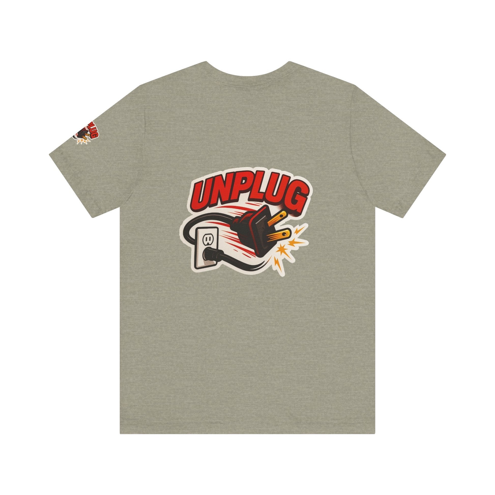 Unplugged Vibes t-shirt with graphic of unplugged electrical plug and bold red text on light gray unisex casual t-shirt
