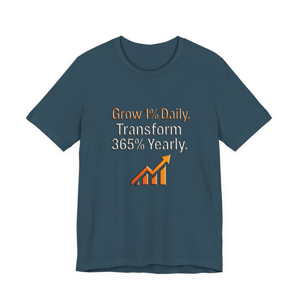 Unisex Motivational Growth t-shirt with "Grow 1% Daily, Transform 365% Yearly" text and upward chart graphic on navy blue cotton shirt