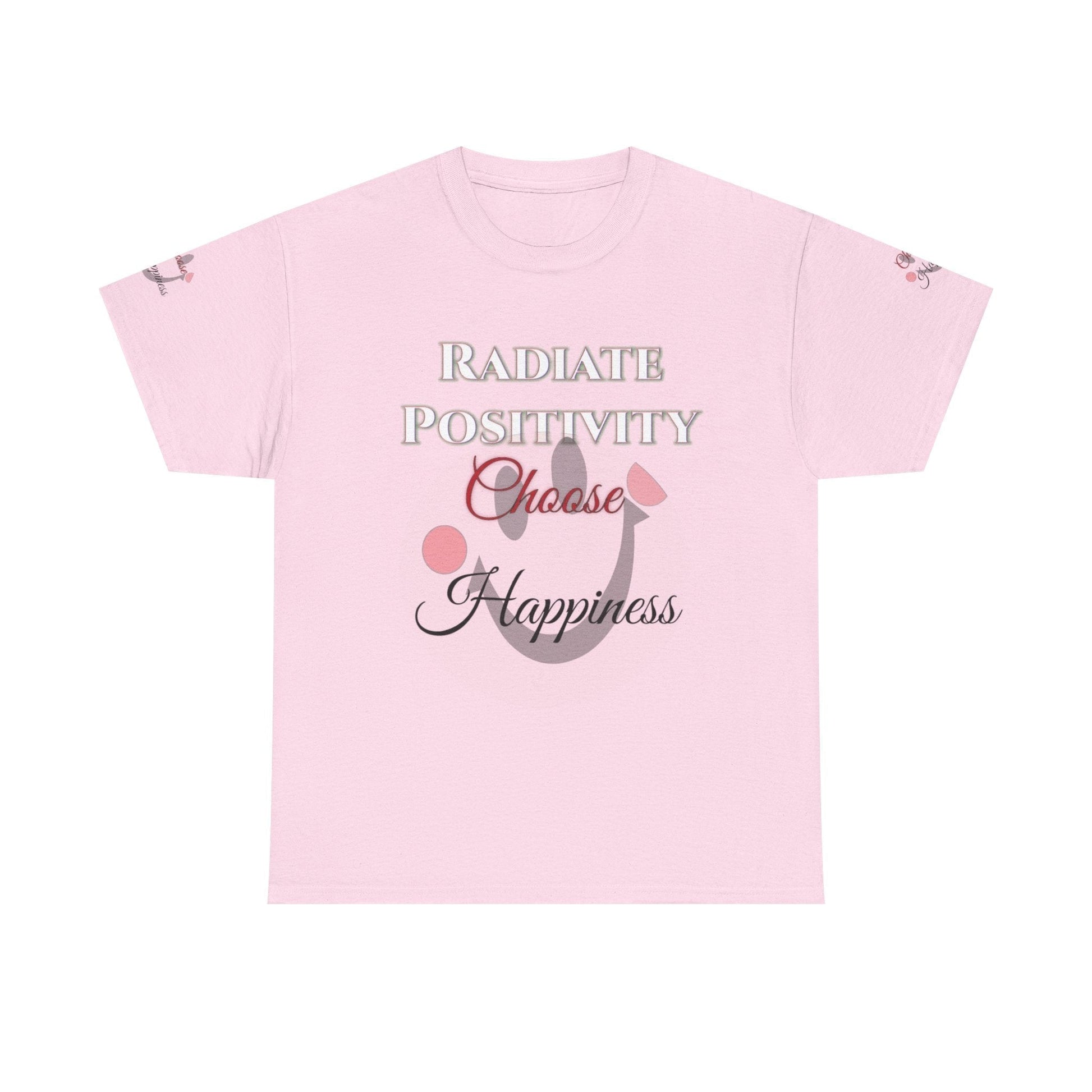 Unisex Heavy Cotton T-shirt with "Radiate Positivity - Choose Happiness" message in pink.