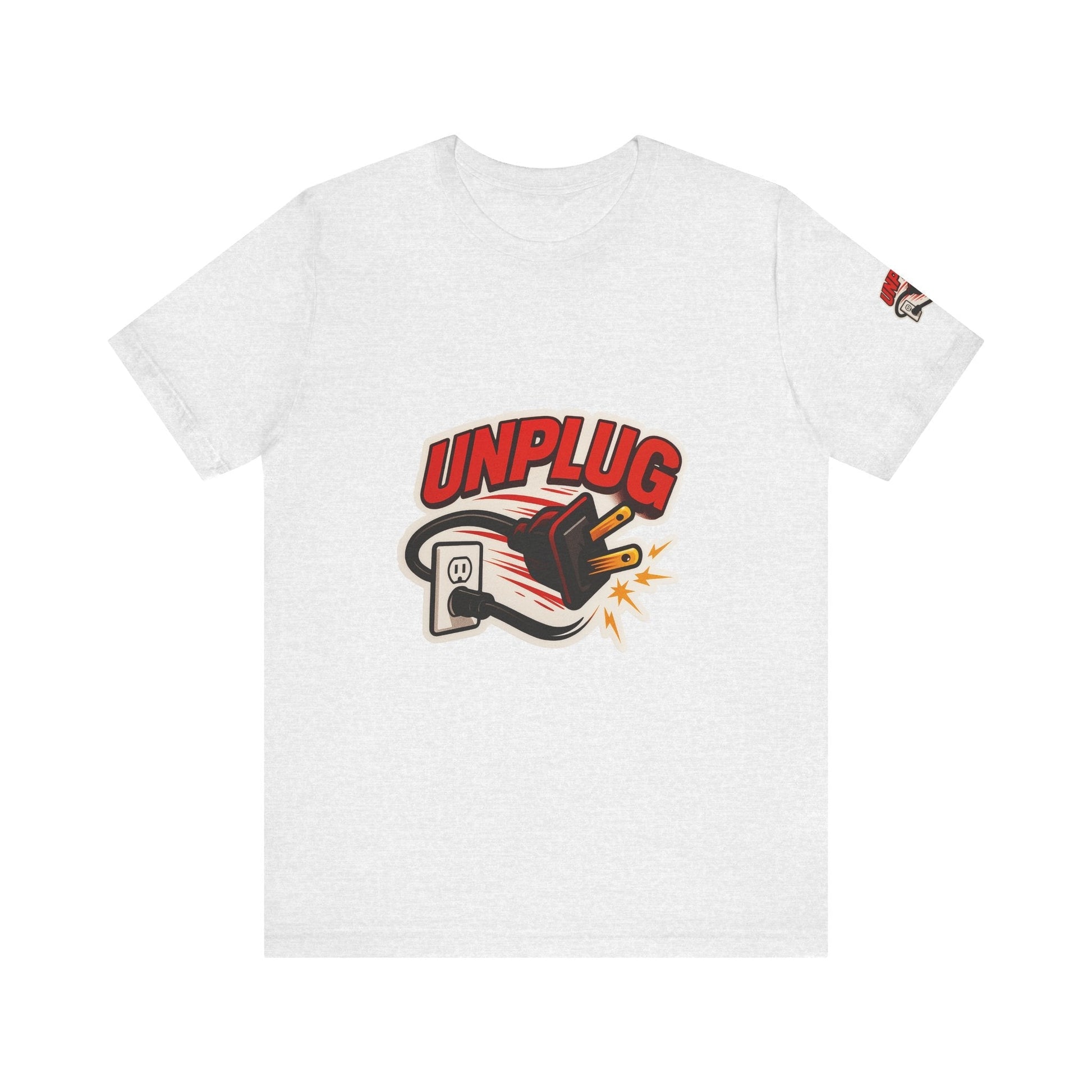 White Unisex Jersey T-shirt with bold Unplugged graphic and plug illustration, casual comfortable fit