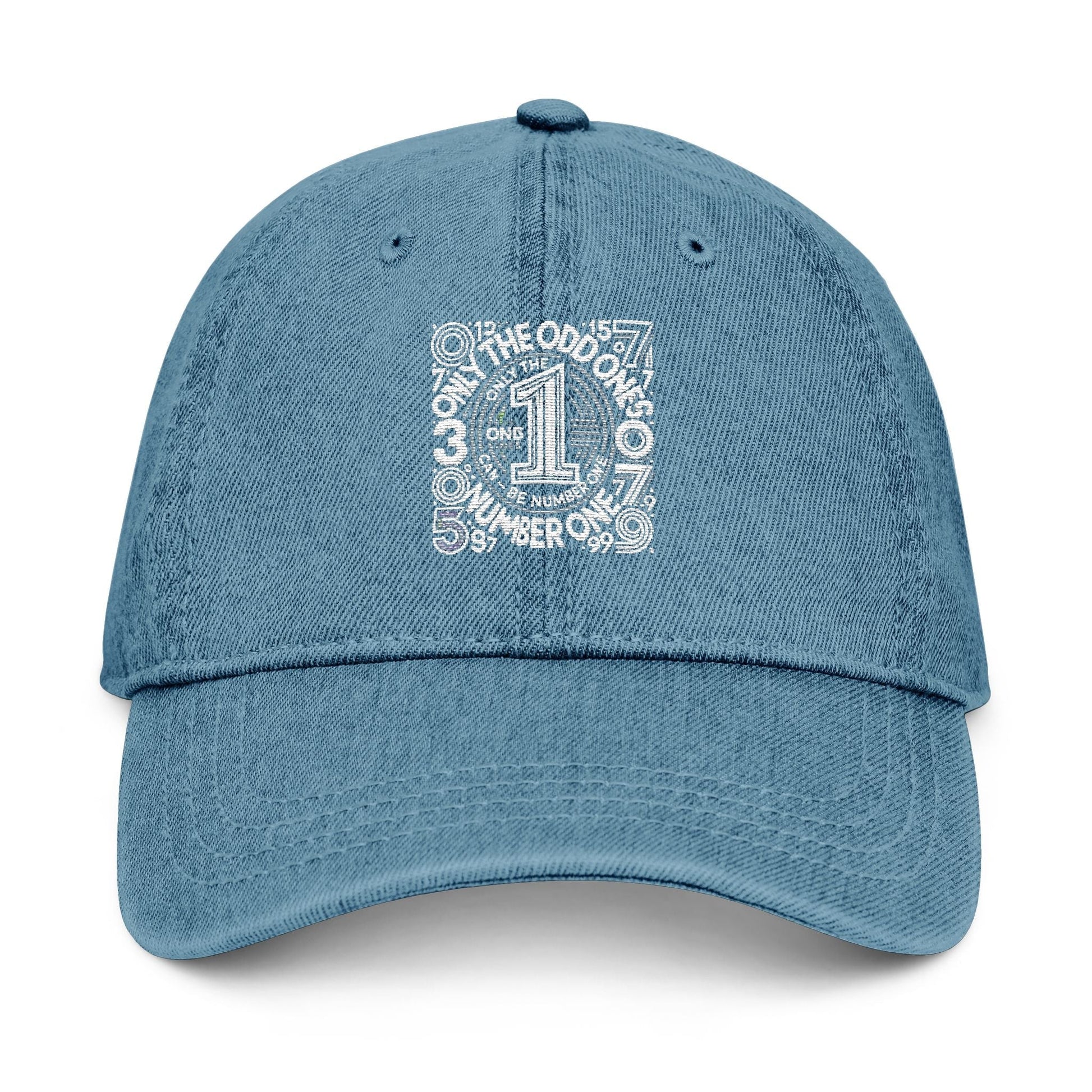 Unique embroidered denim hat with vintage pigment-dyed color and stylish design.