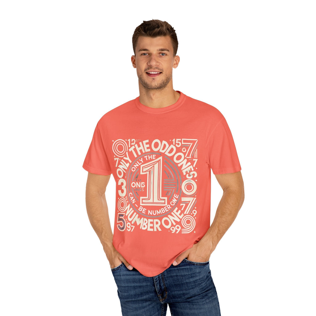 Unisex garment-dyed T-shirt with unique graphic design, worn by a person.
