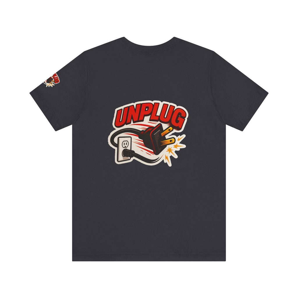 Black Unplugged Vibes T-shirt with graphic of unplugged power cord and bold "UNPLUG" text on the back, casual unisex short sleeve shirt