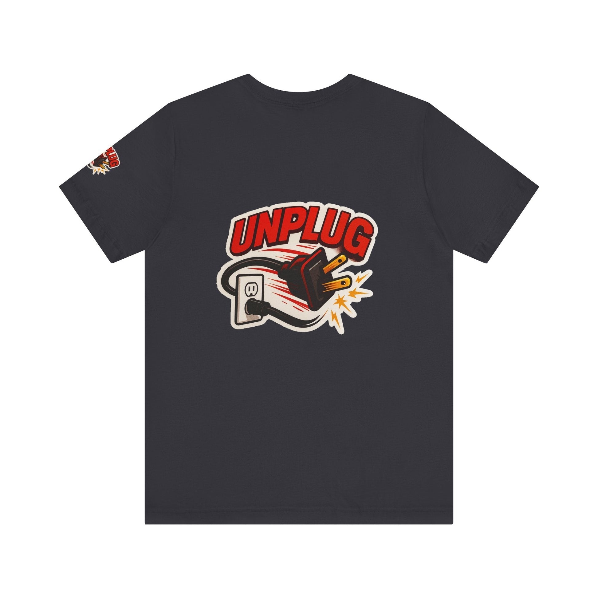 Black Unplugged Vibes T-shirt with graphic of unplugged power cord and bold "UNPLUG" text on the back, casual unisex short sleeve shirt