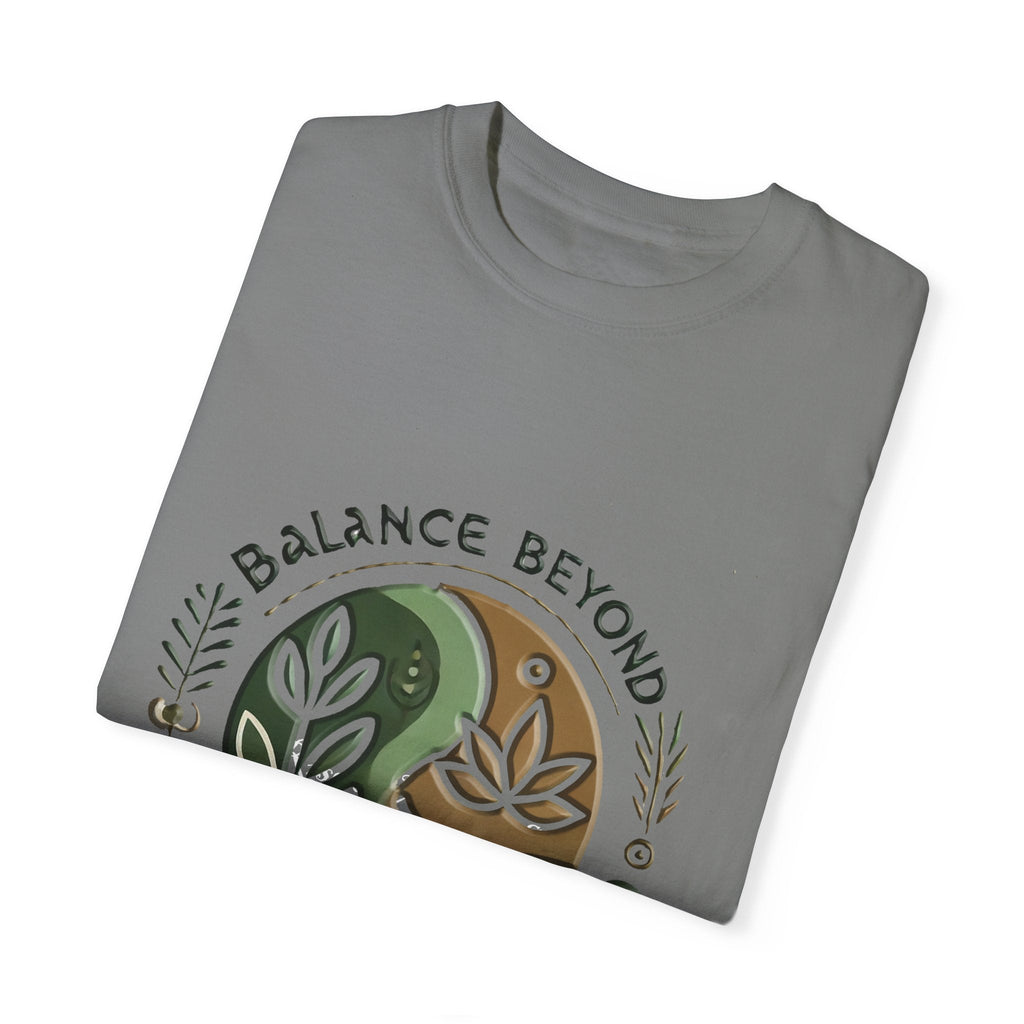 Balance Beyond Medication Unisex Garment-Dyed T-Shirt folded with nature-inspired print.