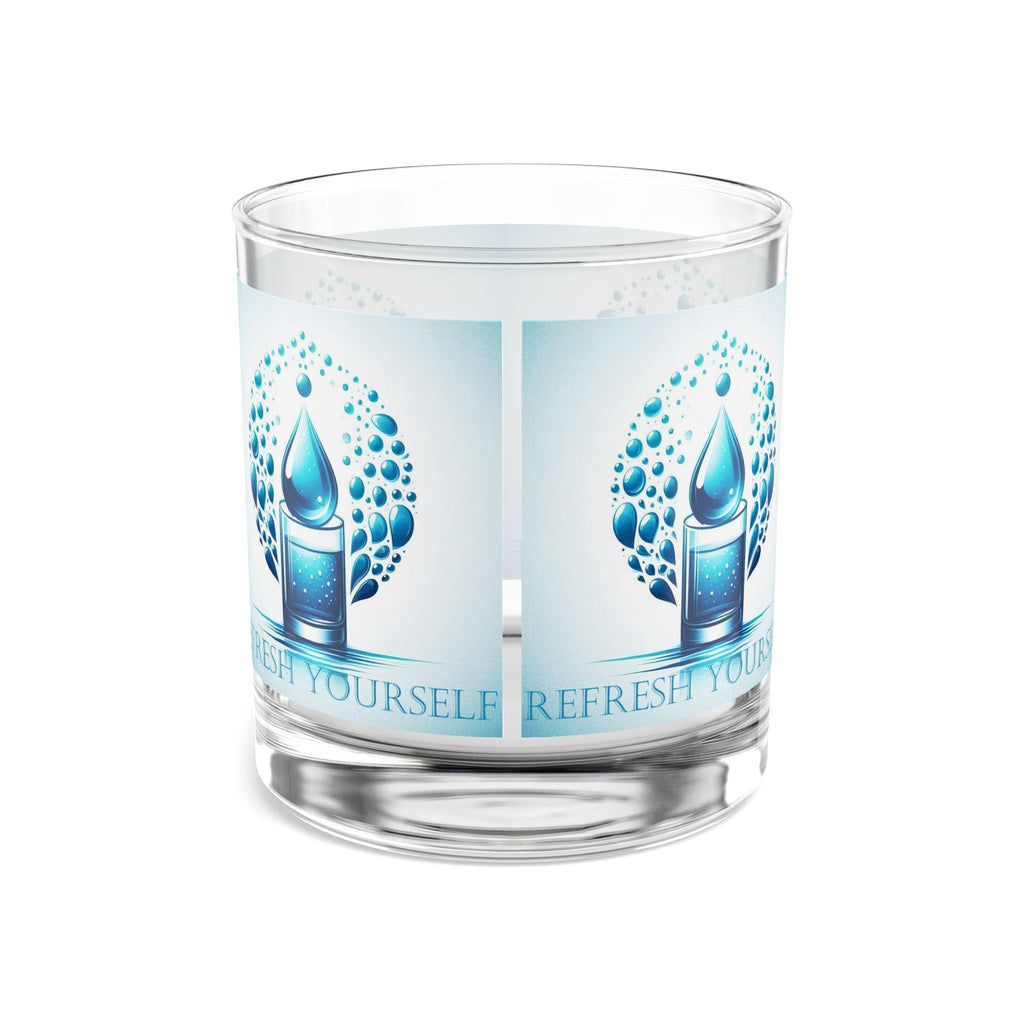 Refreshing 10oz Rocks Glass with vibrant wraparound design featuring water droplet motif, perfect for cocktails and whiskey.