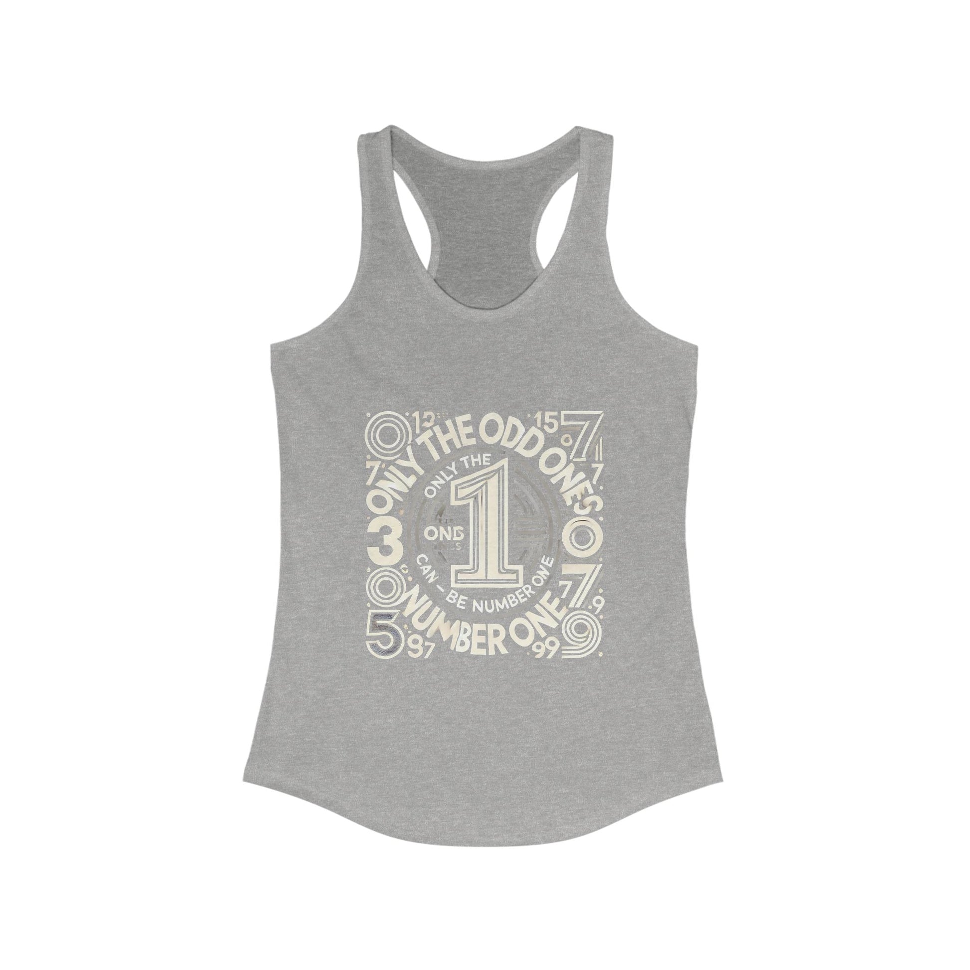 Number One Women Racerback Tank in grey with unique graphic design, scooped neckline, ideal for active lifestyle.