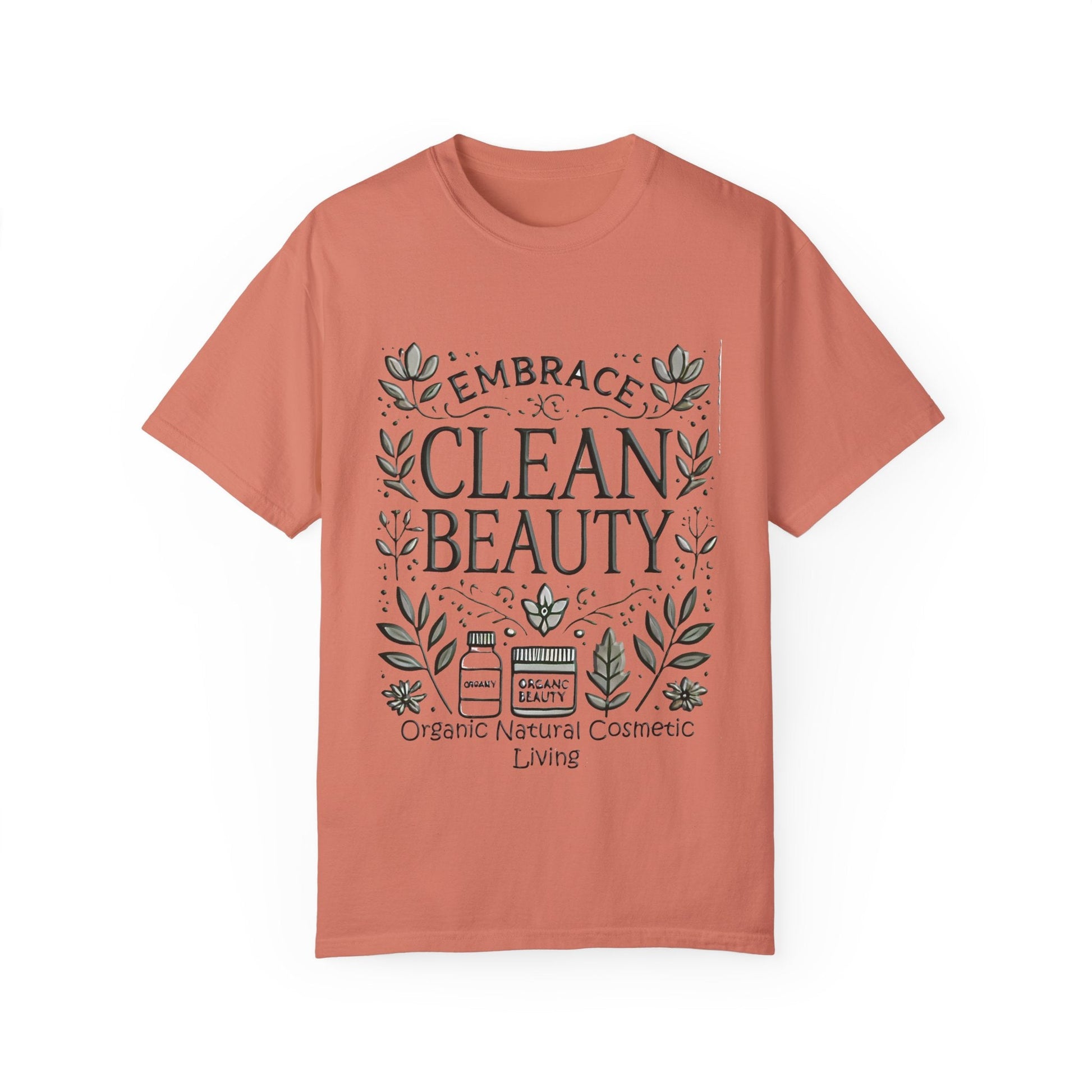 Clean Beauty Unisex T-Shirt in organic cotton, featuring a nature-inspired design, ideal for casual and semi-formal occasions.