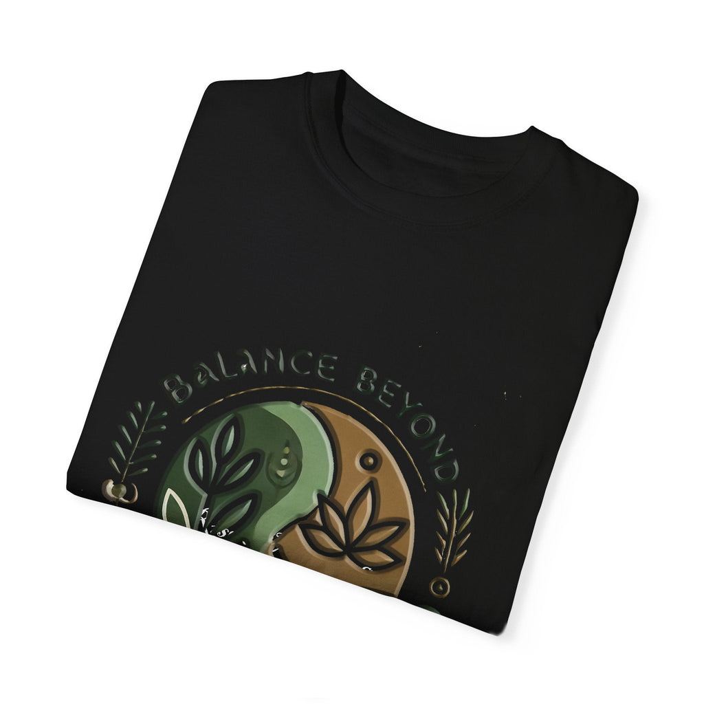 Balance Beyond Medication Unisex Garment-Dyed T-Shirt with unique design, folded.