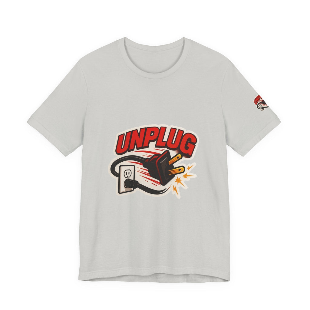 White Unisex Jersey Short Sleeve T-Shirt with bold Unplugged graphic showing a plugged-in power cord being unplugged, casual and comfortable energy saver tee