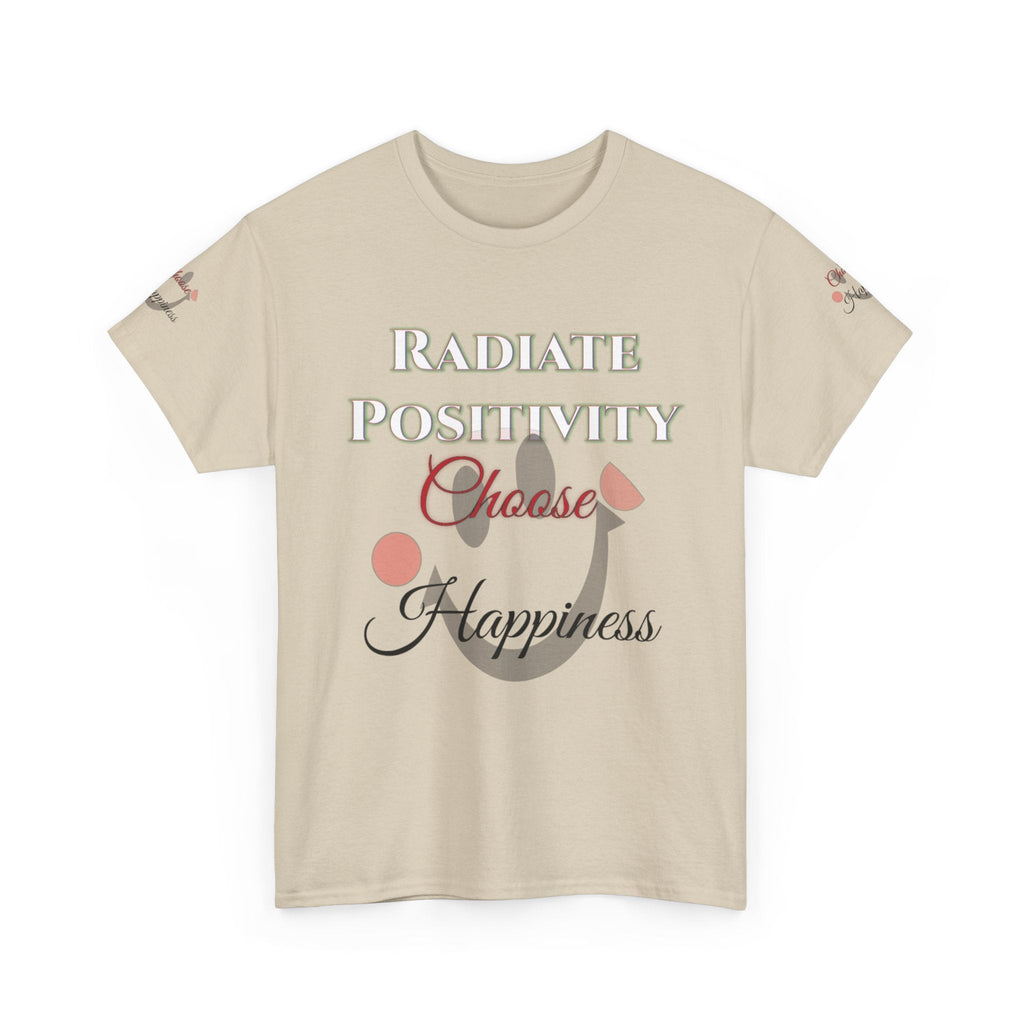 Unisex Heavy Cotton T-shirt featuring the message "Radiate Positivity - Choose Happiness" in stylish font.