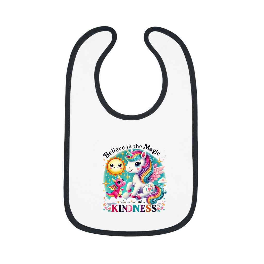 Baby Contrast Trim Jersey Bib with "Believe in the Magic of Kindness" design, featuring soft cotton material and Velcro closure.