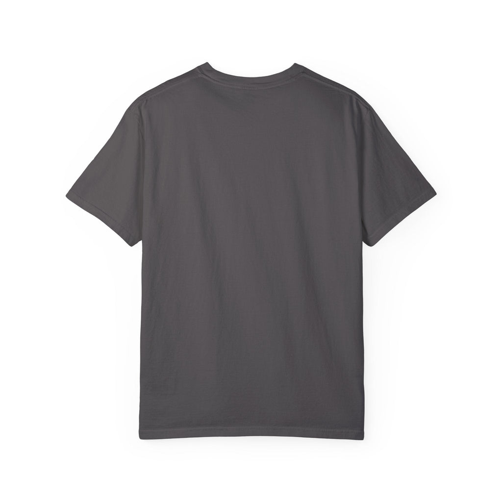 Roll With It Funny Unisex Garment Dyed T-Shirt in dark gray, shown from the back, highlighting the soft texture and relaxed fit.