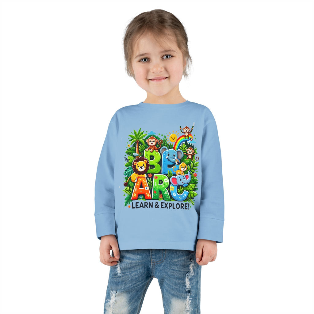 Toddler Long Sleeve T-shirt - Learn and Explorewith colorful "Learn and Explore" design, made from soft cotton for comfort.