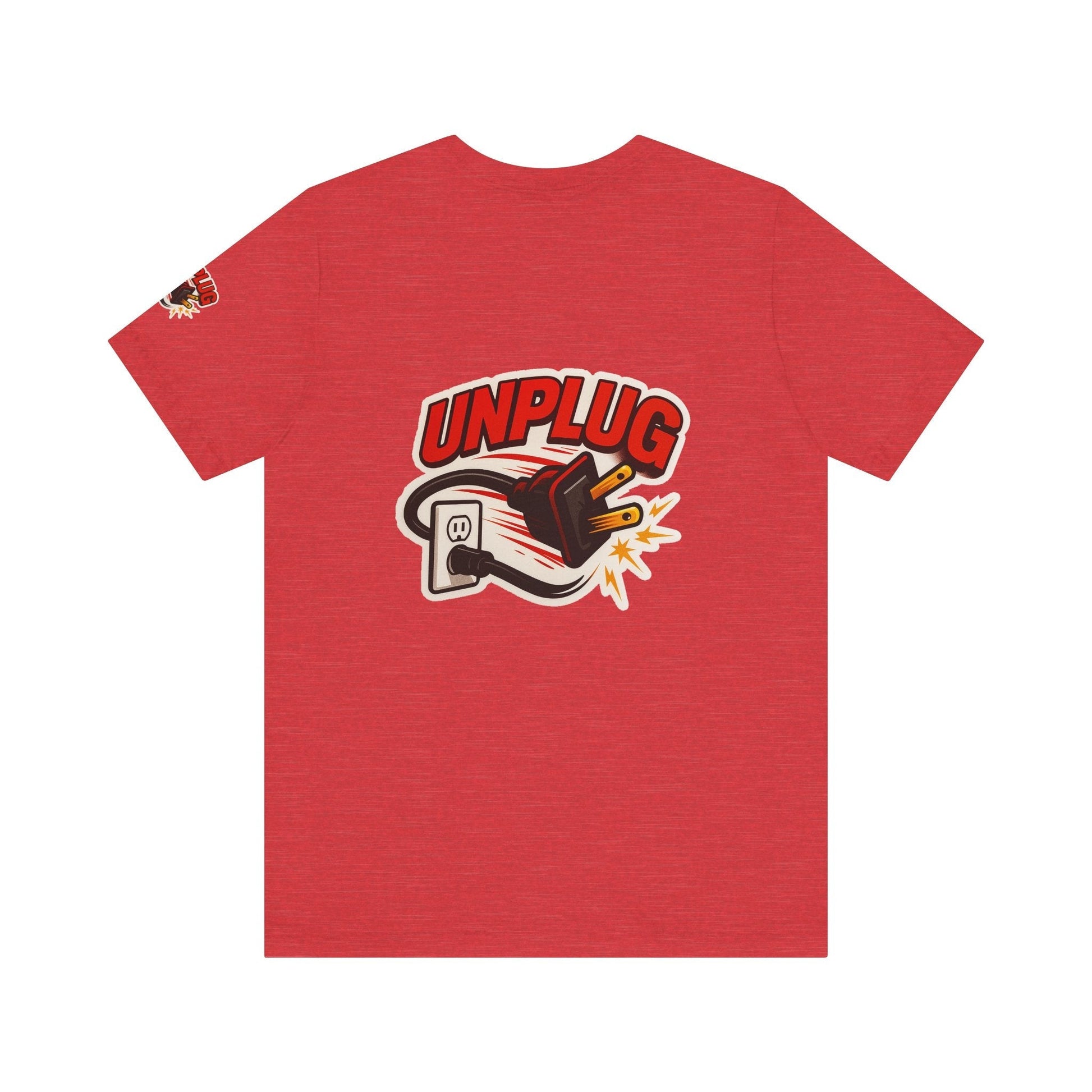 Red Unisex Jersey Short Sleeve T-shirt with "Unplug" graphic and unplugged plug illustration, casual and comfortable design.