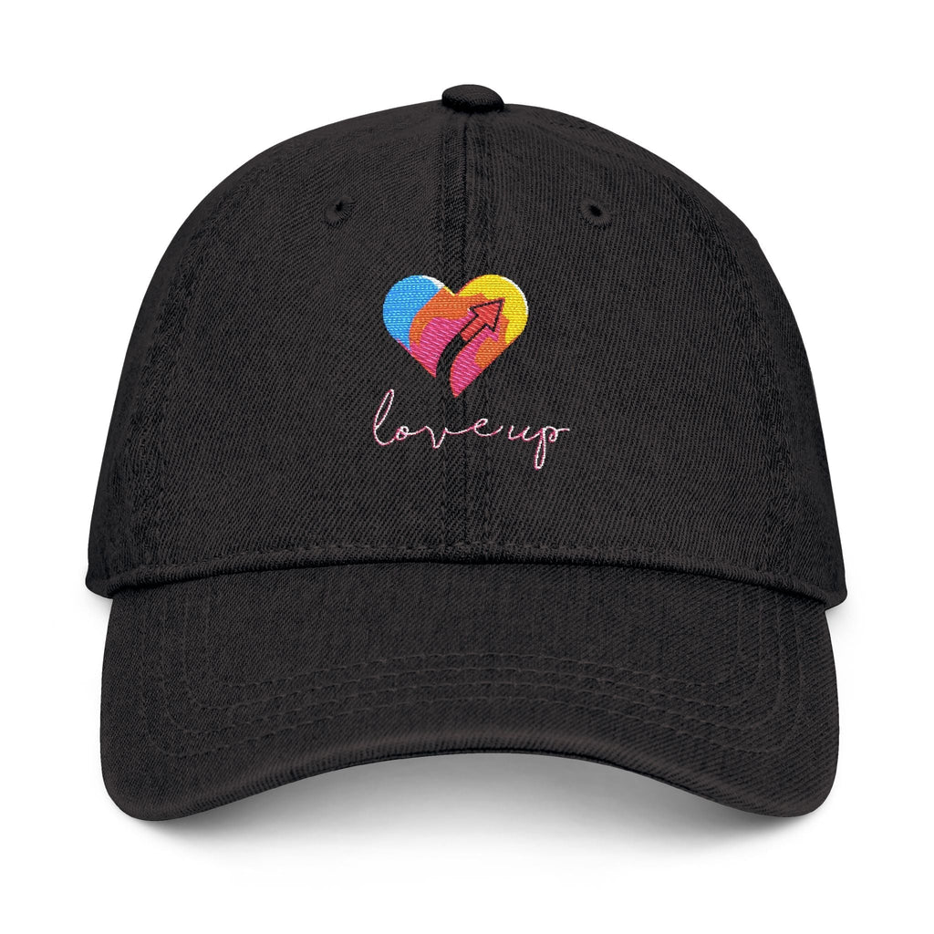 Embroidered Love Up denim hat with colorful heart design, low-profile, 100% cotton.