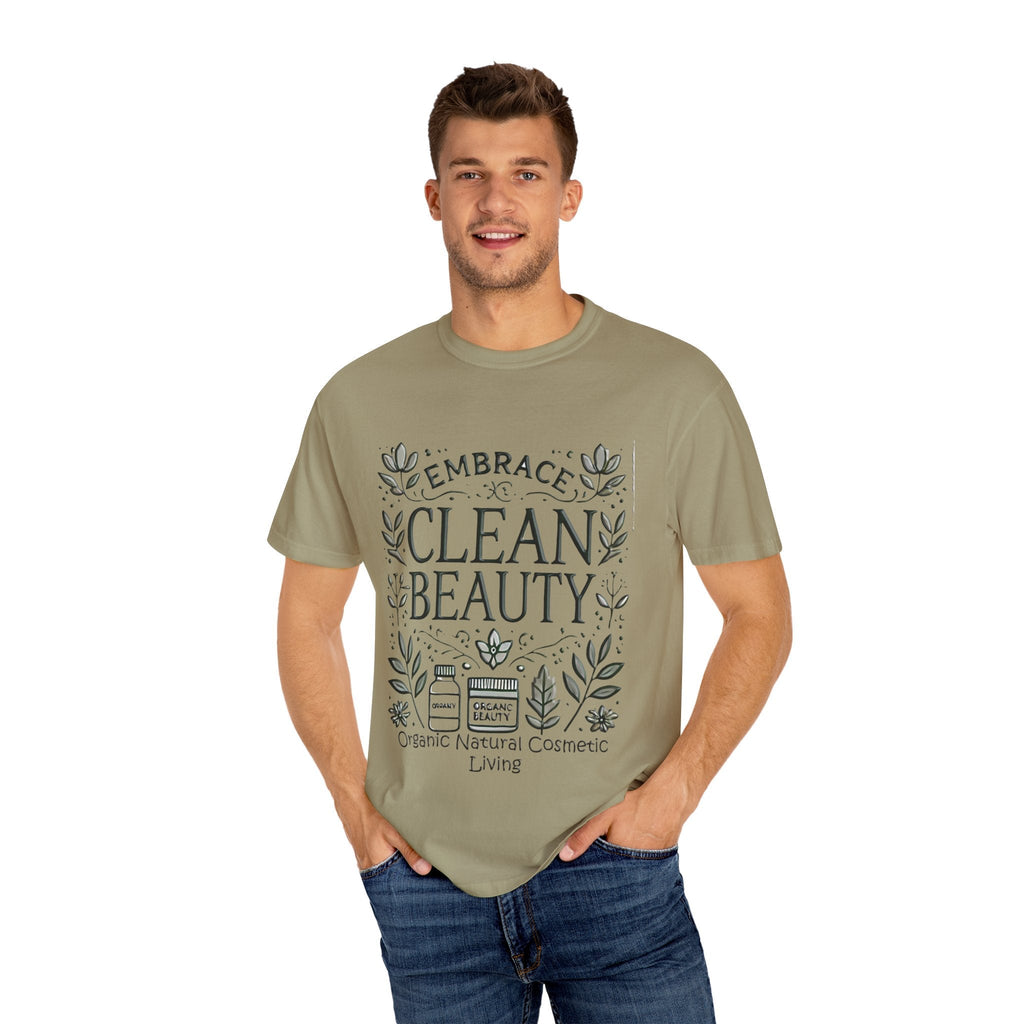 Clean Beauty Unisex T-Shirt in olive green with "Organic Natural Cosmetic Living" print, garment-dyed for softness.