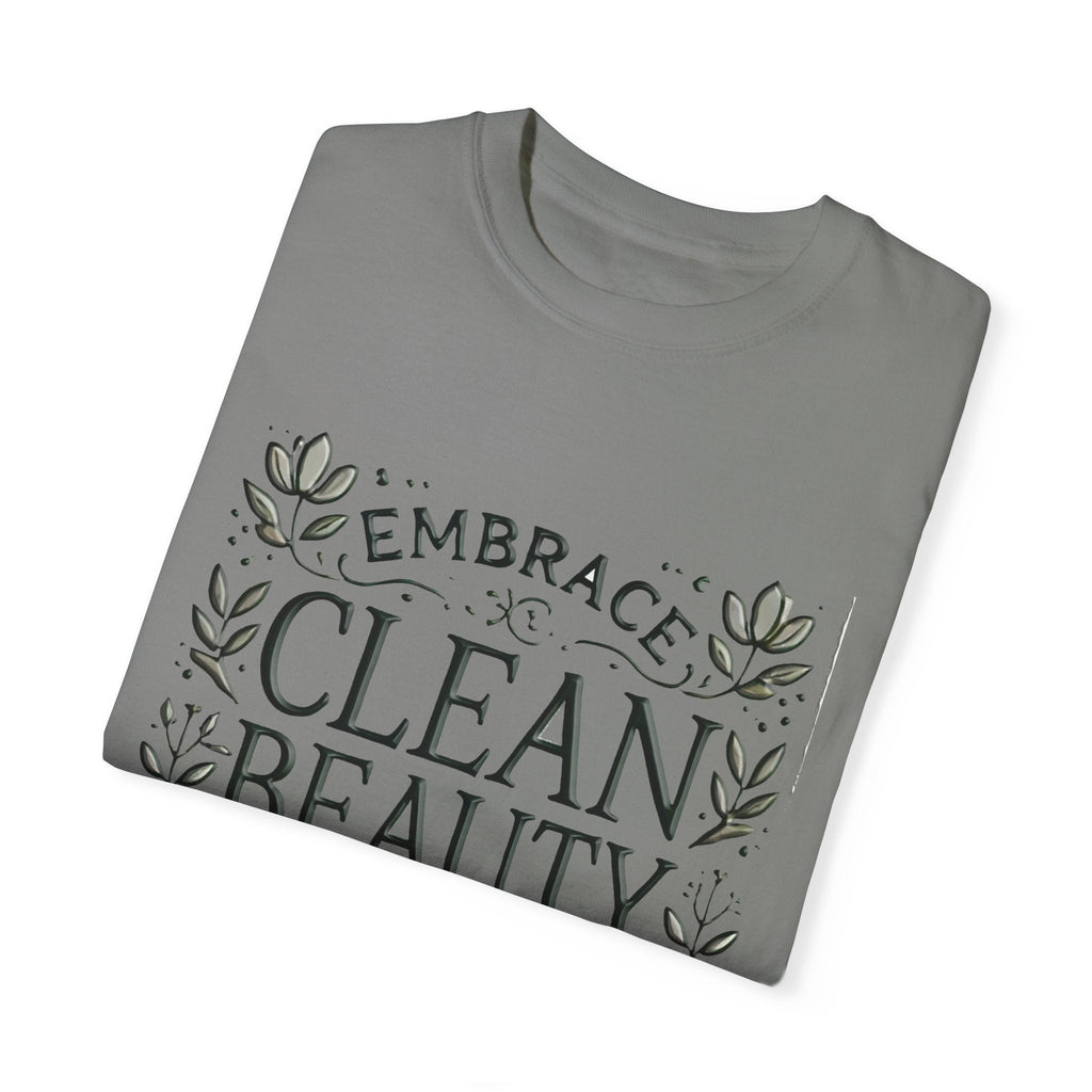 Clean Beauty Unisex T-Shirt folded with "Embrace Clean Beauty" design, organic natural look.
