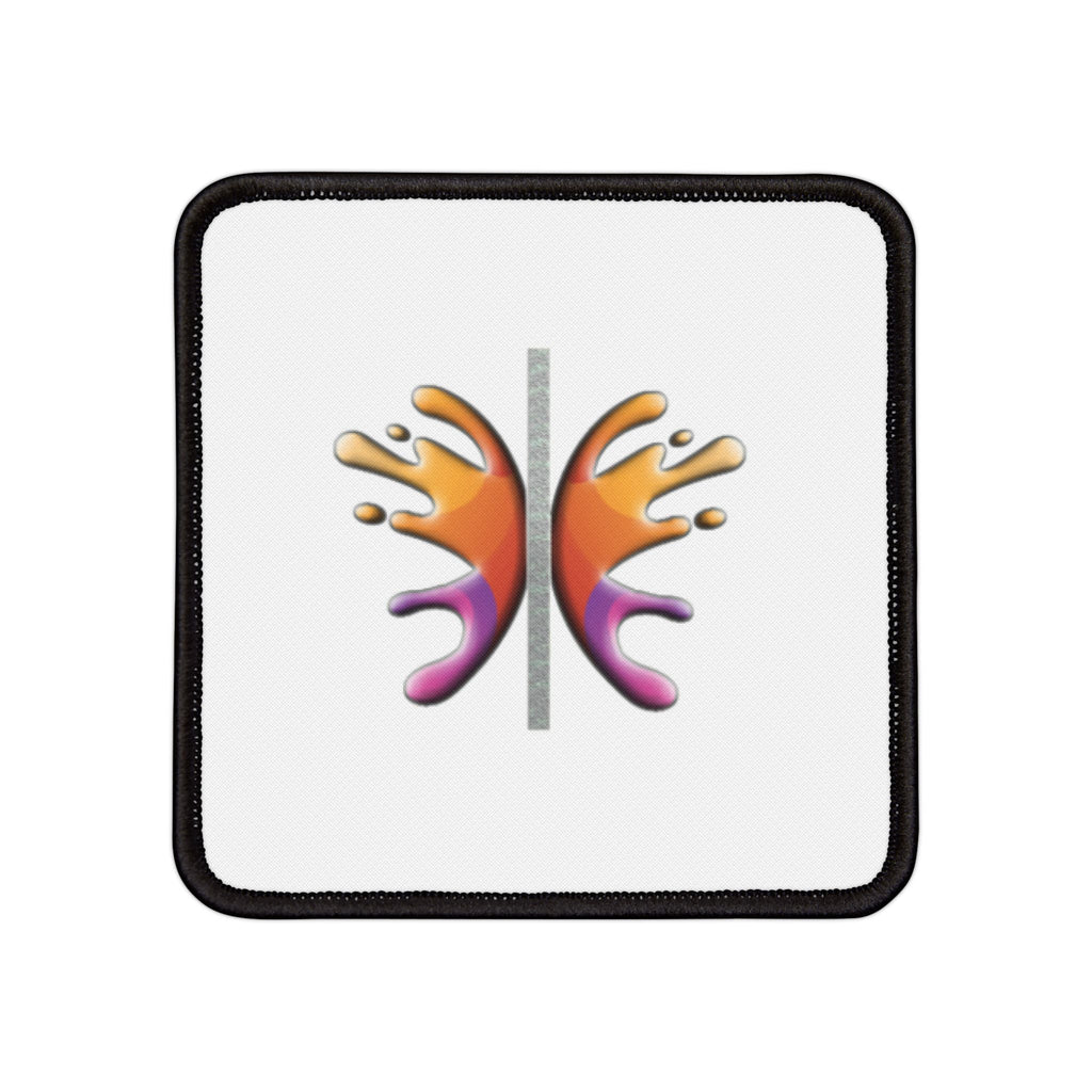 Iron Patch with colorful design, black edges, and black stitching for personalizing apparel.