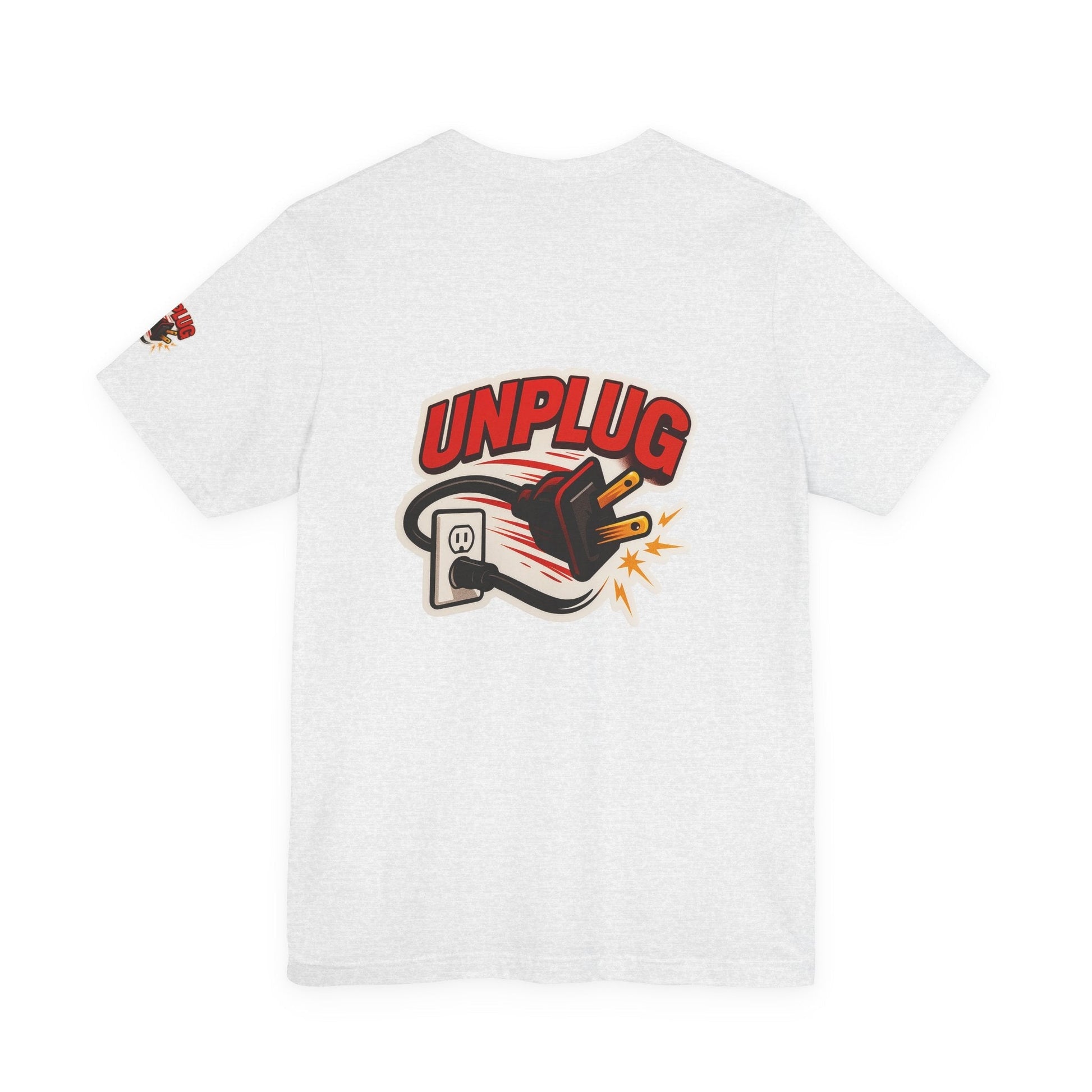 White Unplugged Vibes Tee featuring graphic of unplugged power cord and bold red text on back, casual unisex short sleeve shirt