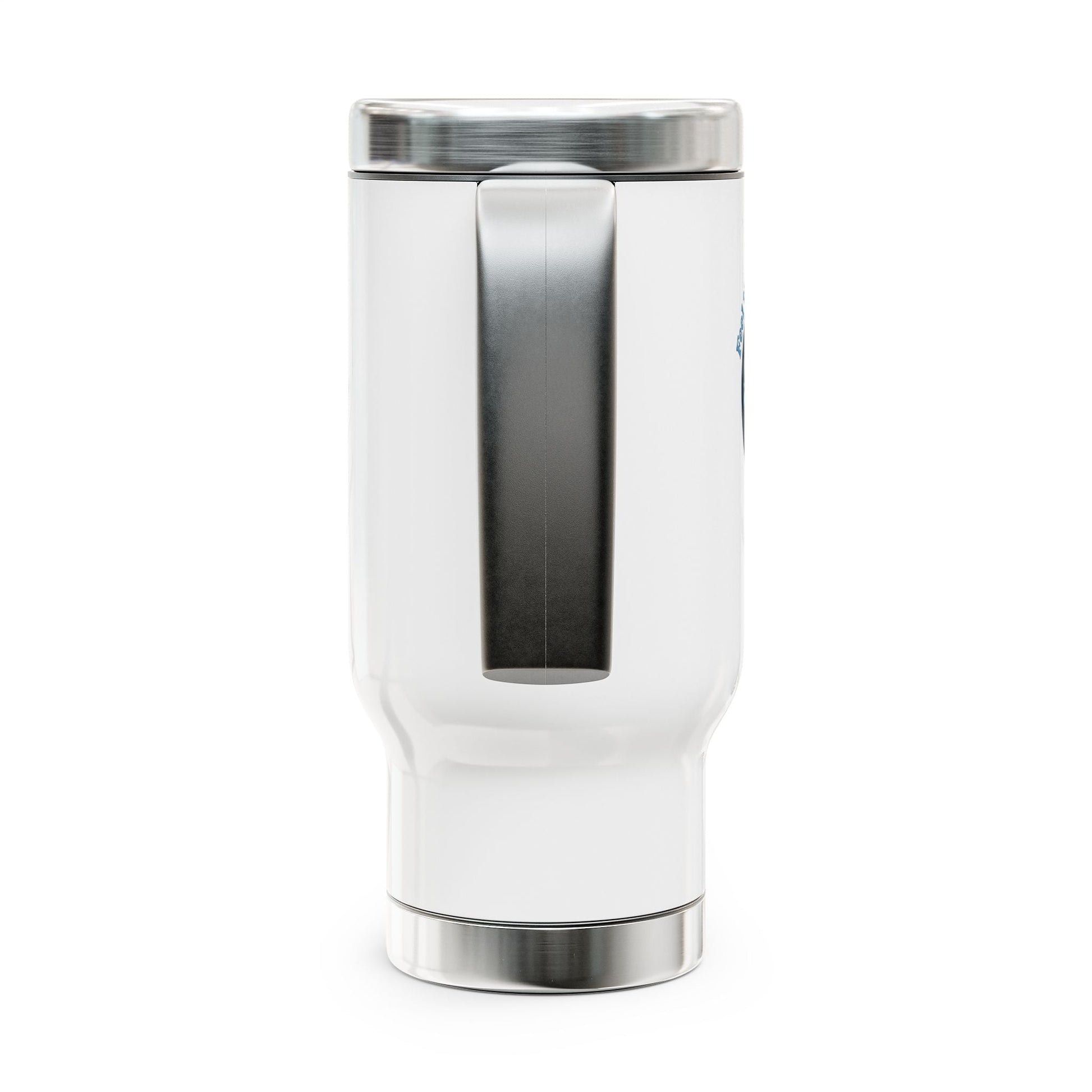 Stainless steel travel mug with handle, 14oz, glossy white enamel finish.