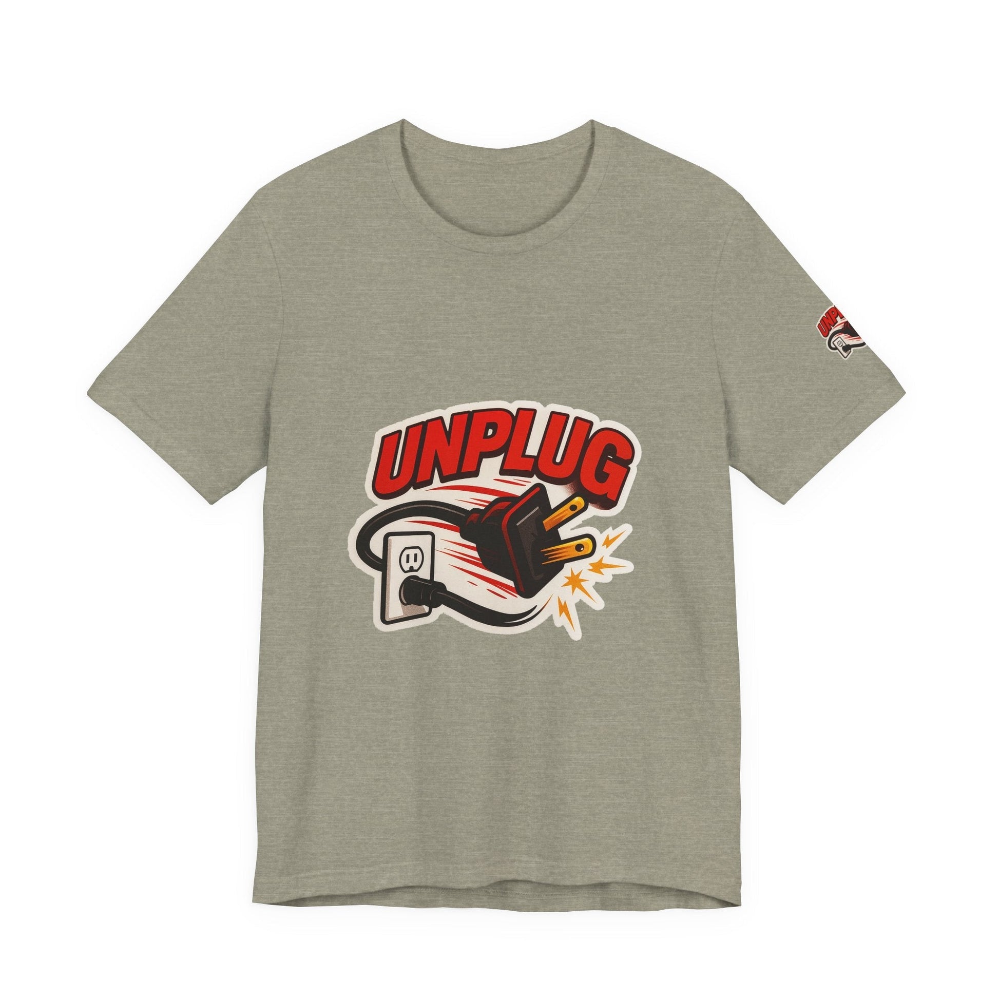Unplugged Vibes T-shirt gray casual short sleeve shirt with unplugged power plug graphic and red text design