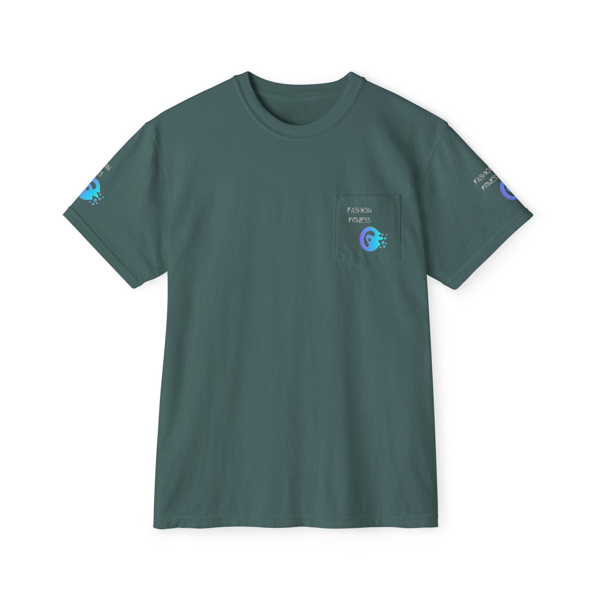 Unisex garment-dyed pocket T-shirt in green with left chest pocket and eco-friendly design.