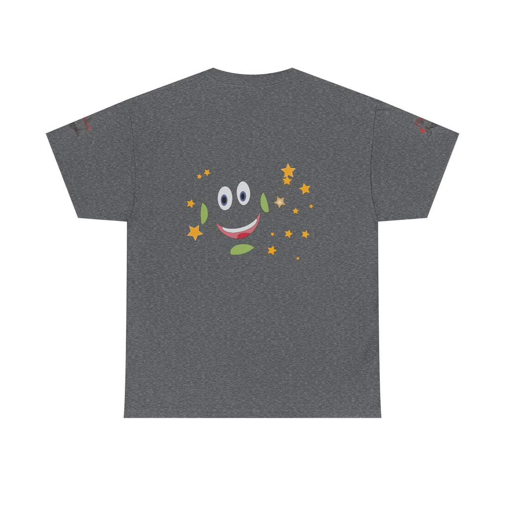 Unisex Heavy Cotton T-shirt with smiling graphic and stars, radiate positivity, choose happiness theme.