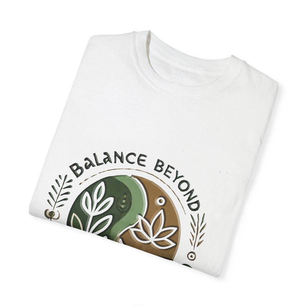 Balance Beyond Medication Unisex Garment-Dyed T-Shirt folded with design and text.