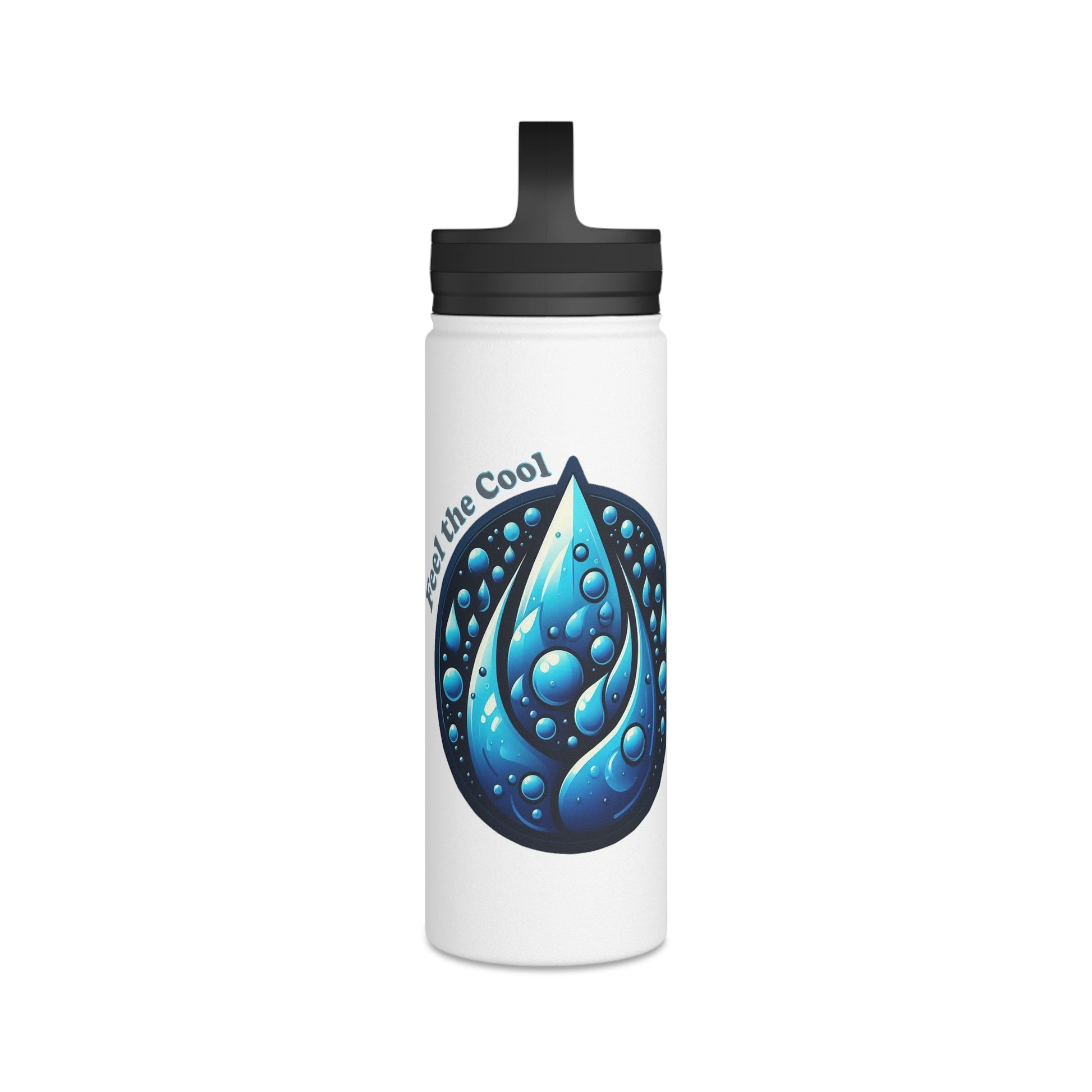 Blue water drop stainless steel water bottle with handle lid, vibrant design. Ideal for gym, hiking, office. Durable and insulated.