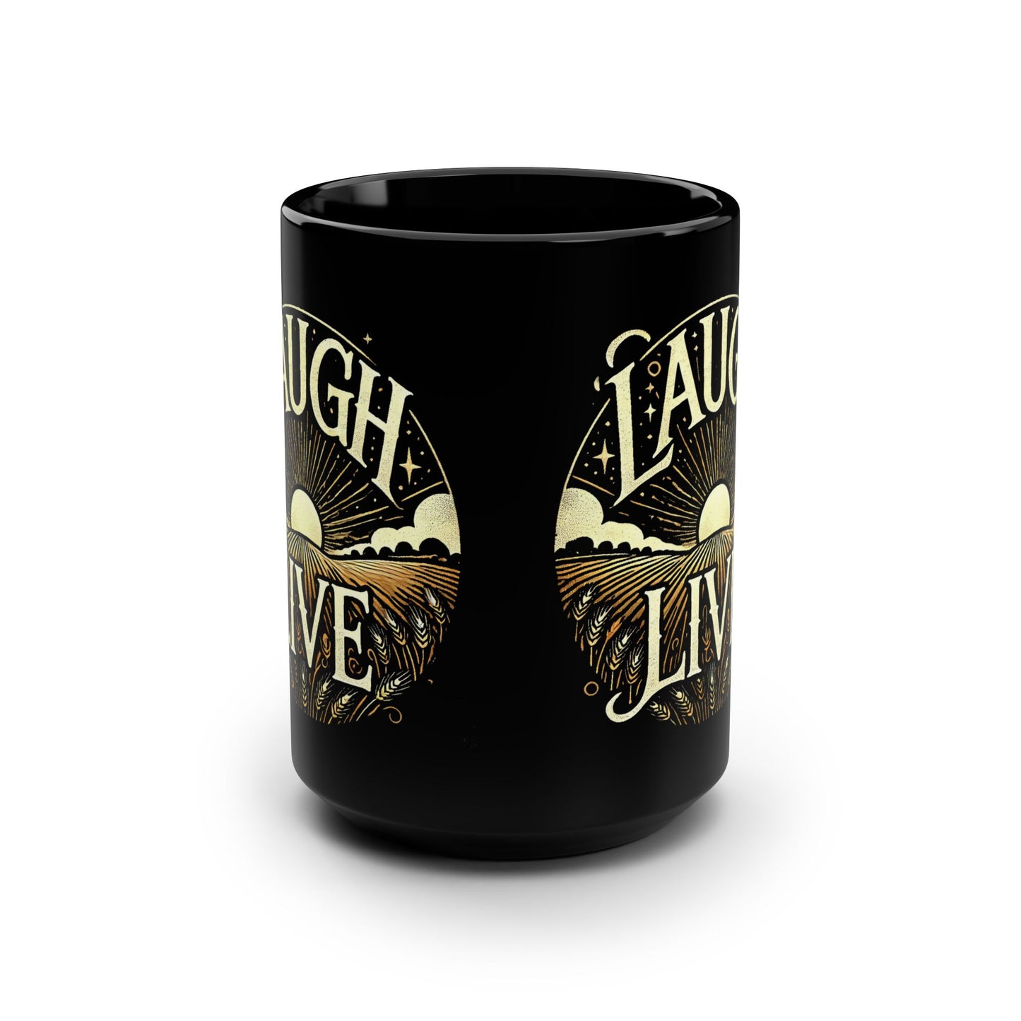 Black Mug, 15oz " Laugh Live" 2