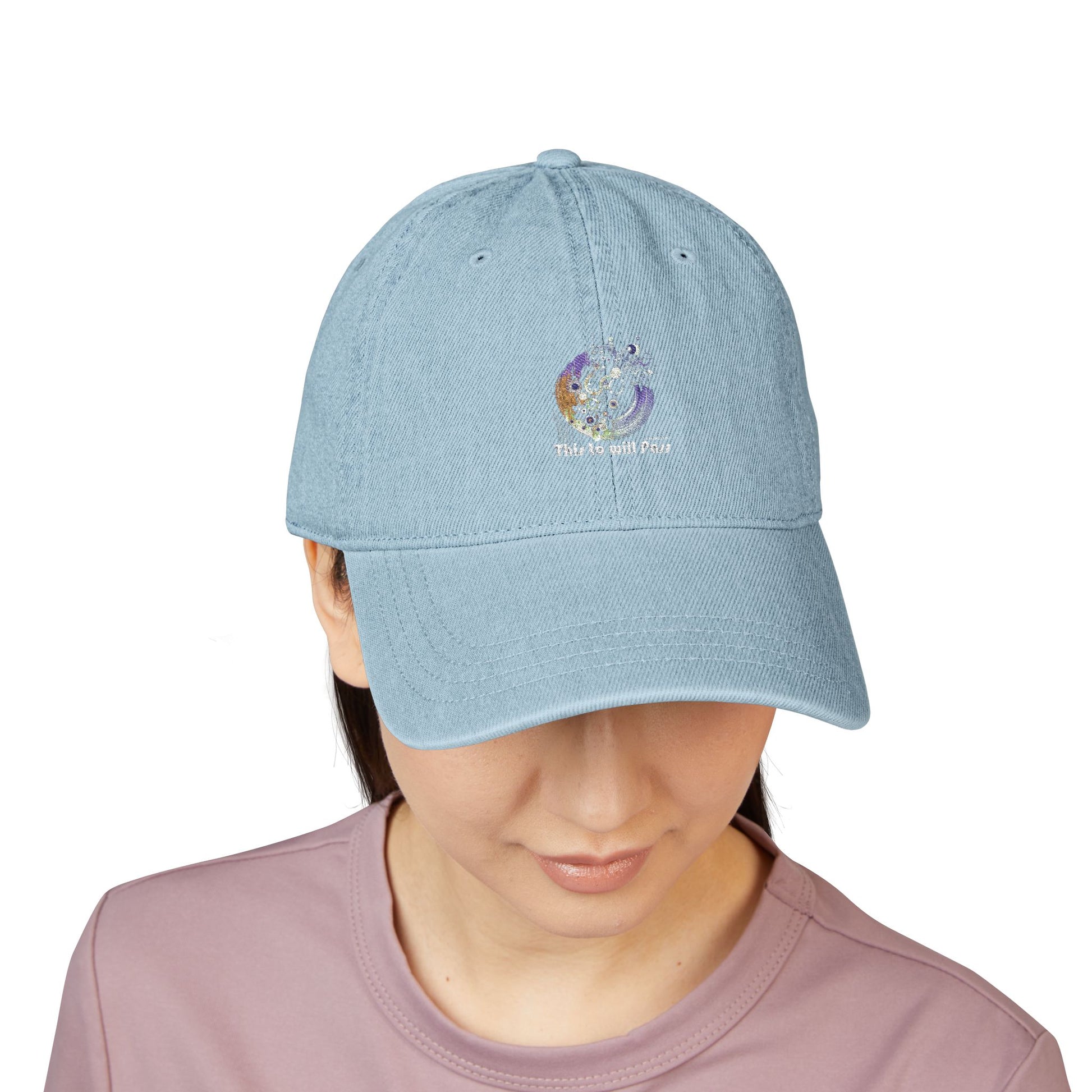 This Too Will Pass Denim Hat - Stylish Embroidered Cap Vintage Message.