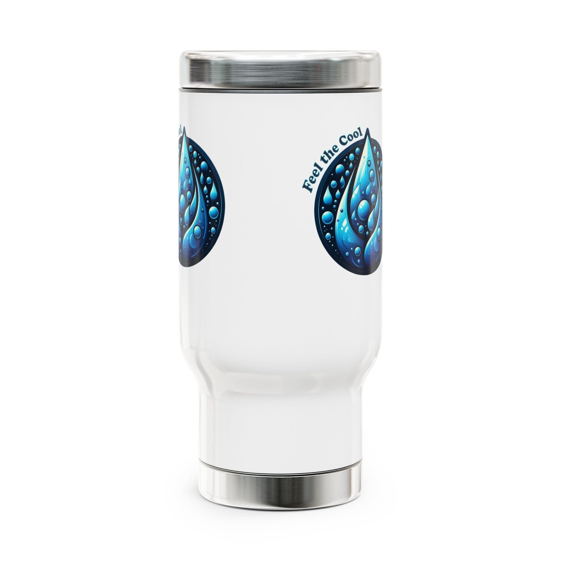 Stainless Steel Travel Mug with Handle, 14oz, featuring glossy white enamel finish and spill-resistant cap.