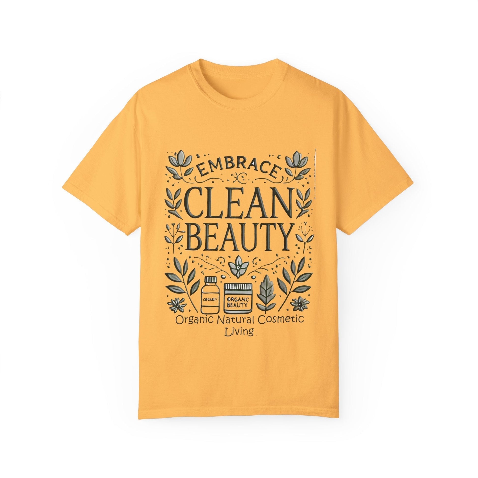 Clean Beauty Unisex T-Shirt in yellow with organic natural cosmetic living design.