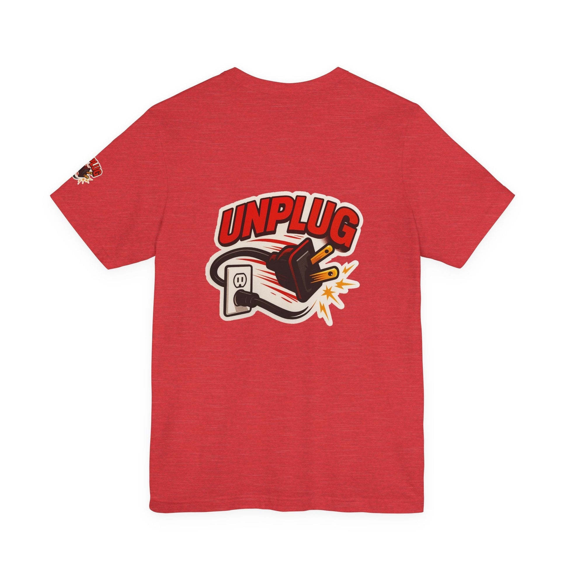 Red Unplugged Vibes T-shirt with bold graphic of a power plug unplugging from an outlet and the word "UNPLUG" printed on the back, casual unisex short sleeve shirt.