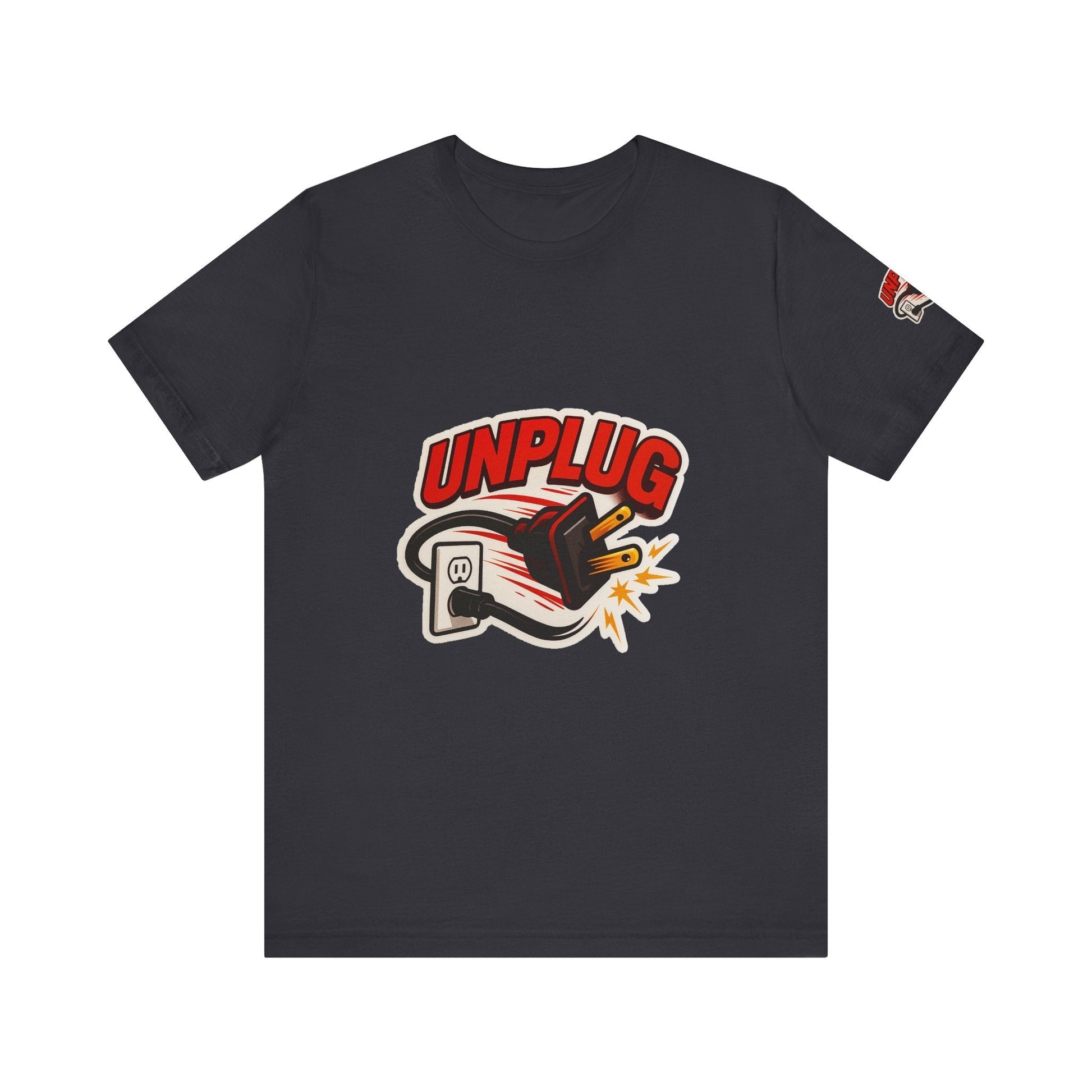Black Unisex Jersey Short Sleeve T-shirt with colorful "Unplug" graphic and energy saver design, casual and comfortable Unplugged Vibes Tee.
